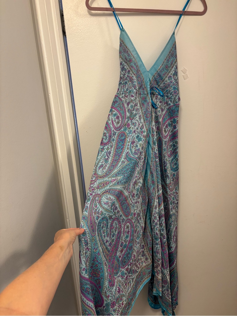 Turquoise Paisley Spaghetti Strap Maxi Dress silk viscose s-m